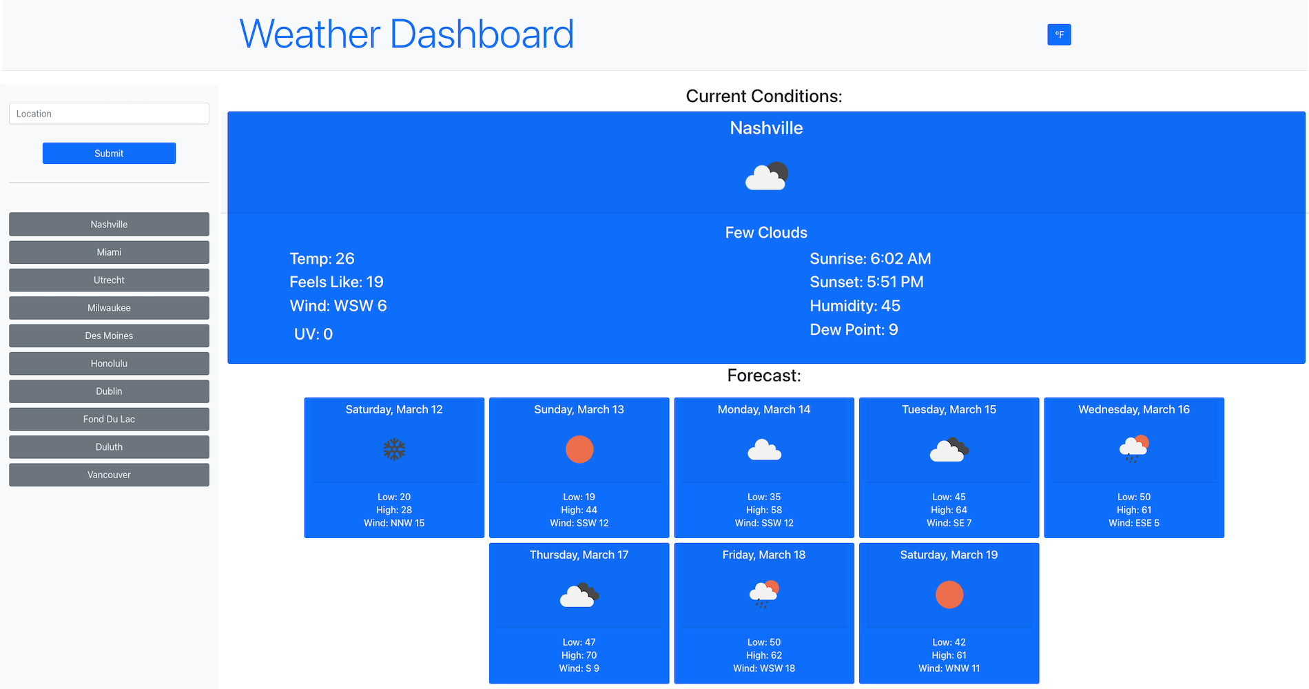 screenshot of react weather dashboard