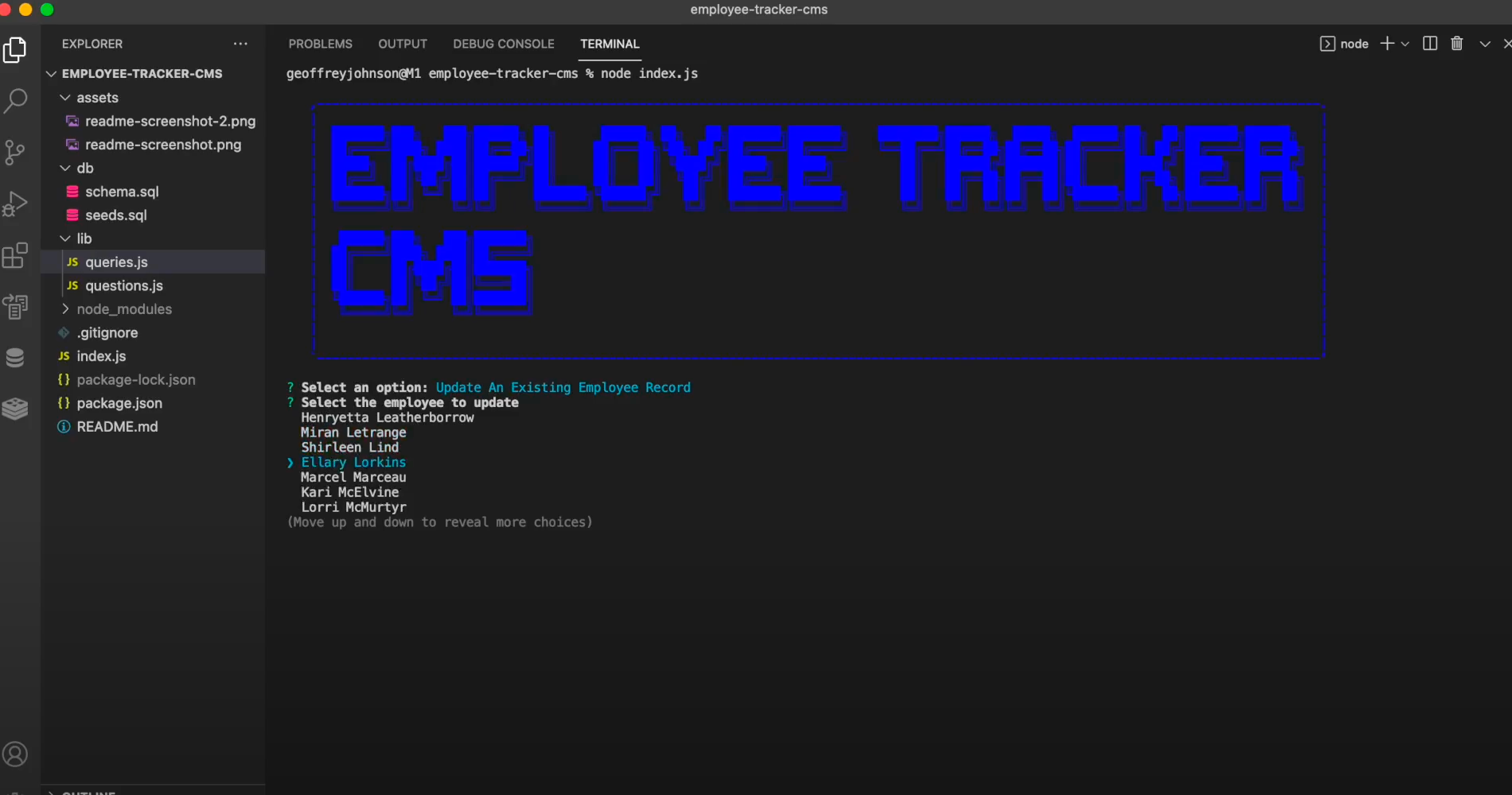 screenshot of employee tracker cms